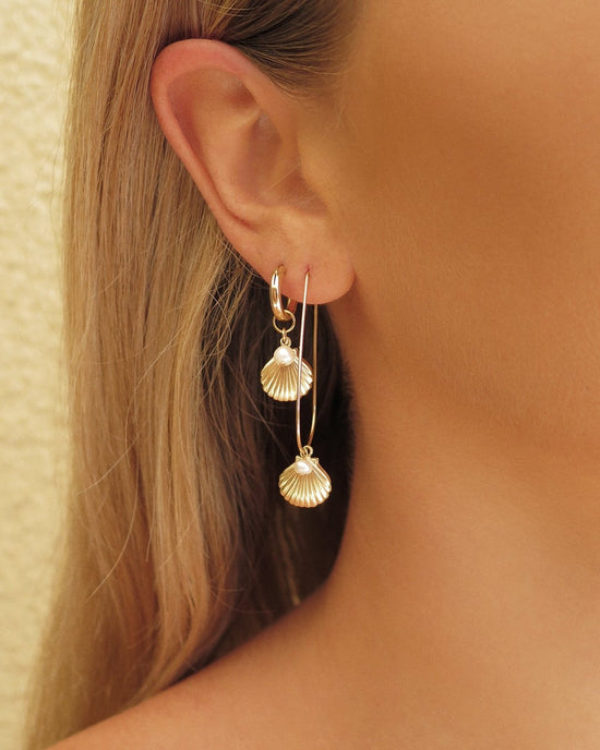 Load image into Gallery viewer, FRESHWATER PEARL CLAM TEARDROP HOOP EARRINGS - The Littl - 14k Yellow Gold Fill - Small (17x40mm)
