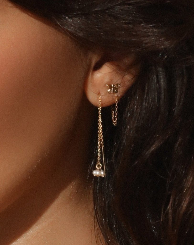 FRESHWATER PEARL CLUSTER THREADER EARRINGS - The Littl - 14k Yellow Gold Fill - Earrings