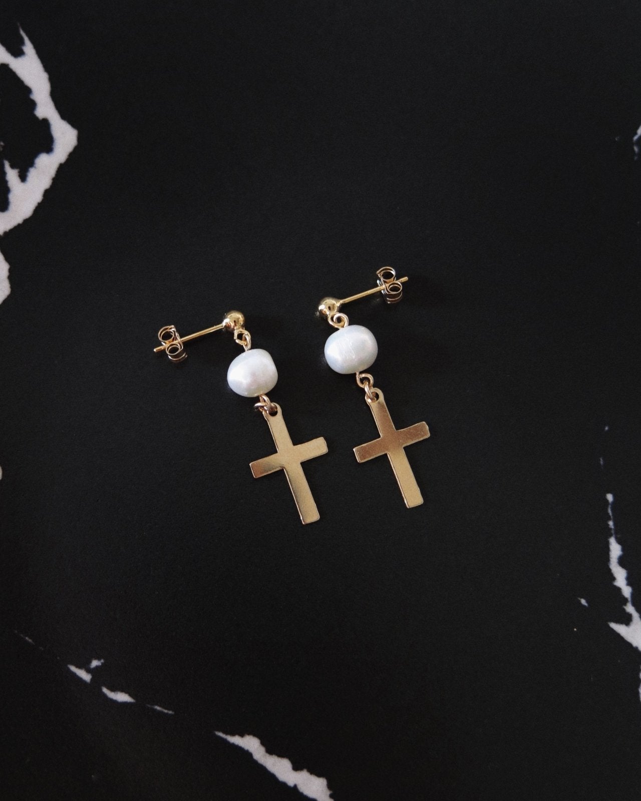 Load image into Gallery viewer, FRESHWATER PEARL CROSS EARRINGS- 14k Yellow Gold - The Littl - -
