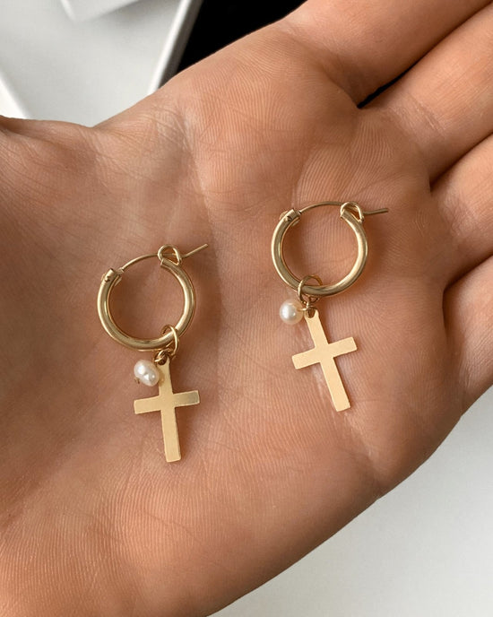 Load image into Gallery viewer, FRESHWATER PEARL CROSS EARRINGS - The Littl - 14k Yellow Gold Fill - 12mm

