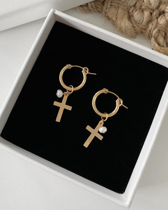Load image into Gallery viewer, FRESHWATER PEARL CROSS EARRINGS - The Littl - 14k Yellow Gold Fill - 12mm
