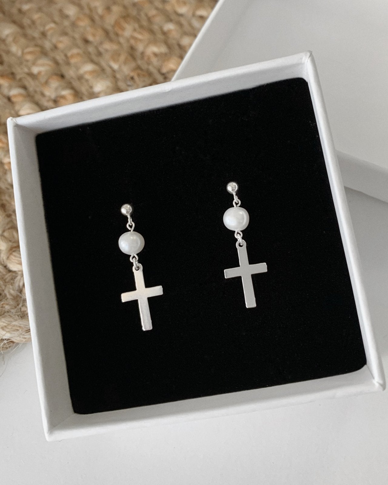 FRESHWATER PEARL CROSS EARRINGS- Sterling Silver - The Littl - -