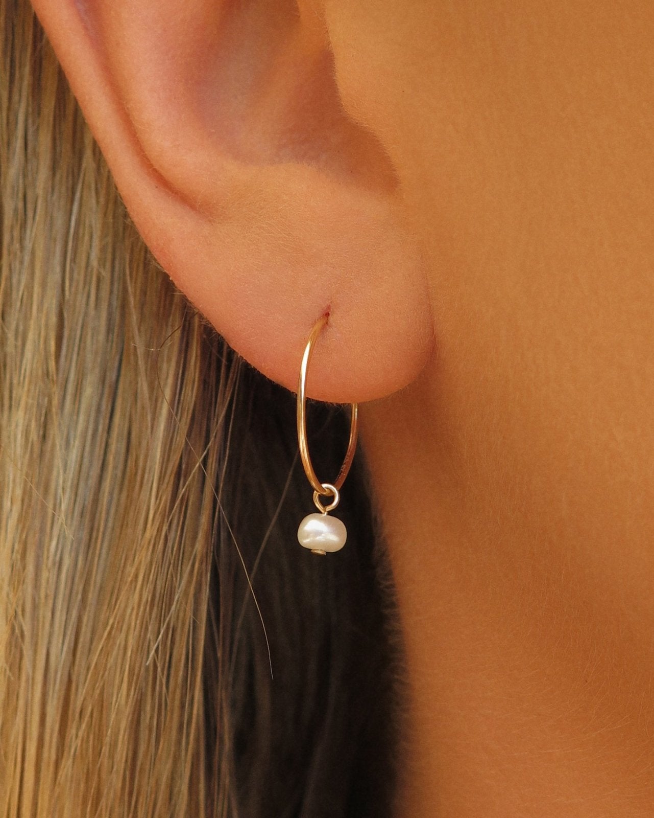 FRESHWATER PEARL HOOP EARRINGS- 14k Yellow Gold - The Littl - -