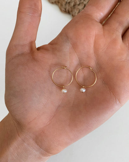 SELECT YOUR FREE GIFT: Freshwater Pearl Hoop Earrings - 14k Gold-Filled - Side View | The Littl