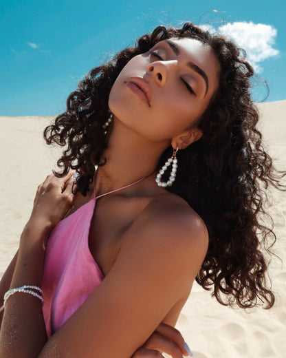 Large Teardrop Freshwater Pearl Thick Hoop Earrings - 14k Gold-Filled - On Model | The Littl