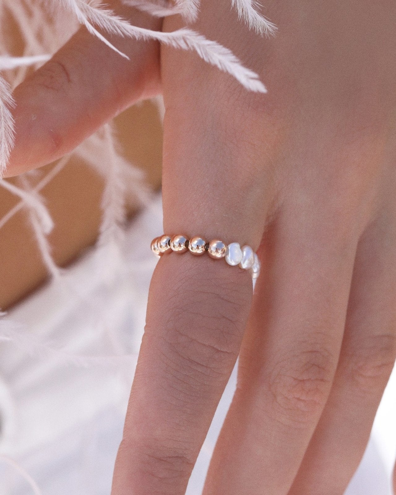 HALF FRESHWATER PEARL BEADED RING- 14k Rose Gold - The Littl - S -