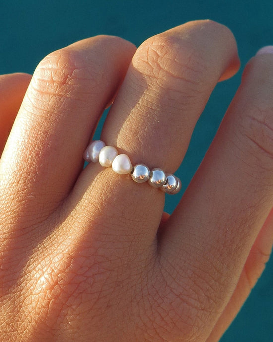 Load image into Gallery viewer, HALF FRESHWATER PEARL BEADED RING- Sterling Silver - The Littl - S -
