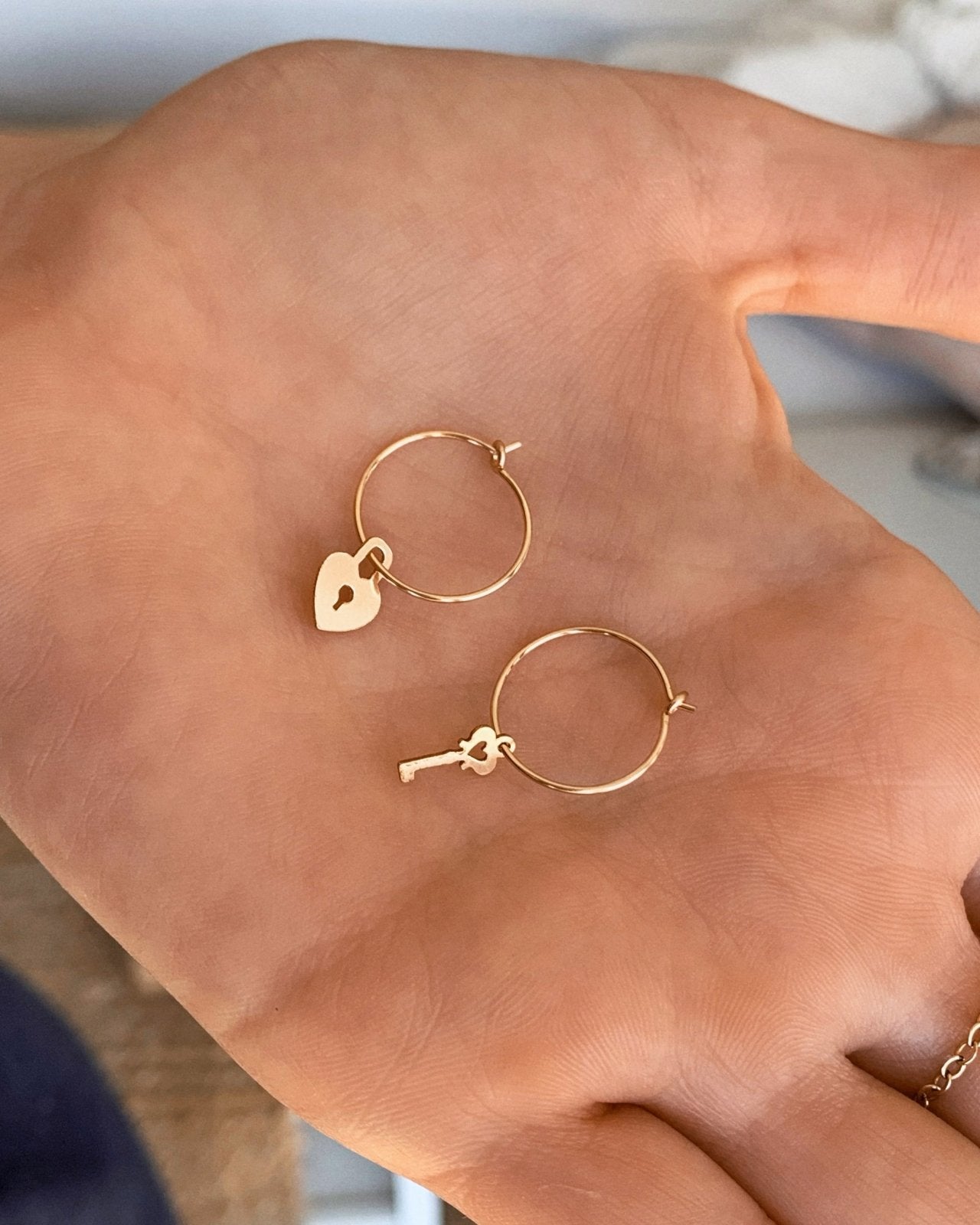 KEY AND LOCK HOOP EARRINGS- 14k Yellow Gold - The Littl - -