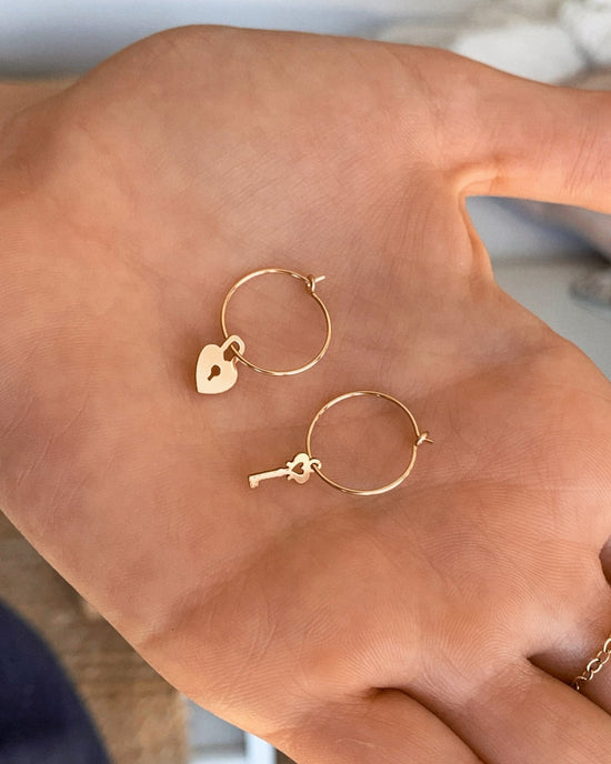 KEY AND LOCK HOOP EARRINGS- 14k Yellow Gold - The Littl - -