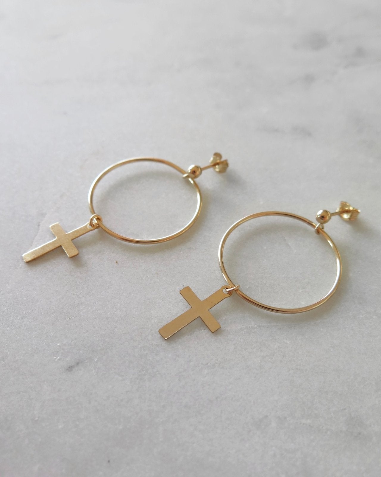 LARGE CIRCLE CROSS EARRINGS - The Littl - 14k Yellow Gold Fill -