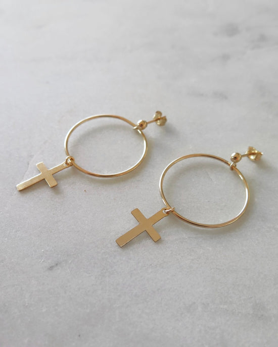 LARGE CIRCLE CROSS EARRINGS - The Littl - 14k Yellow Gold Fill -