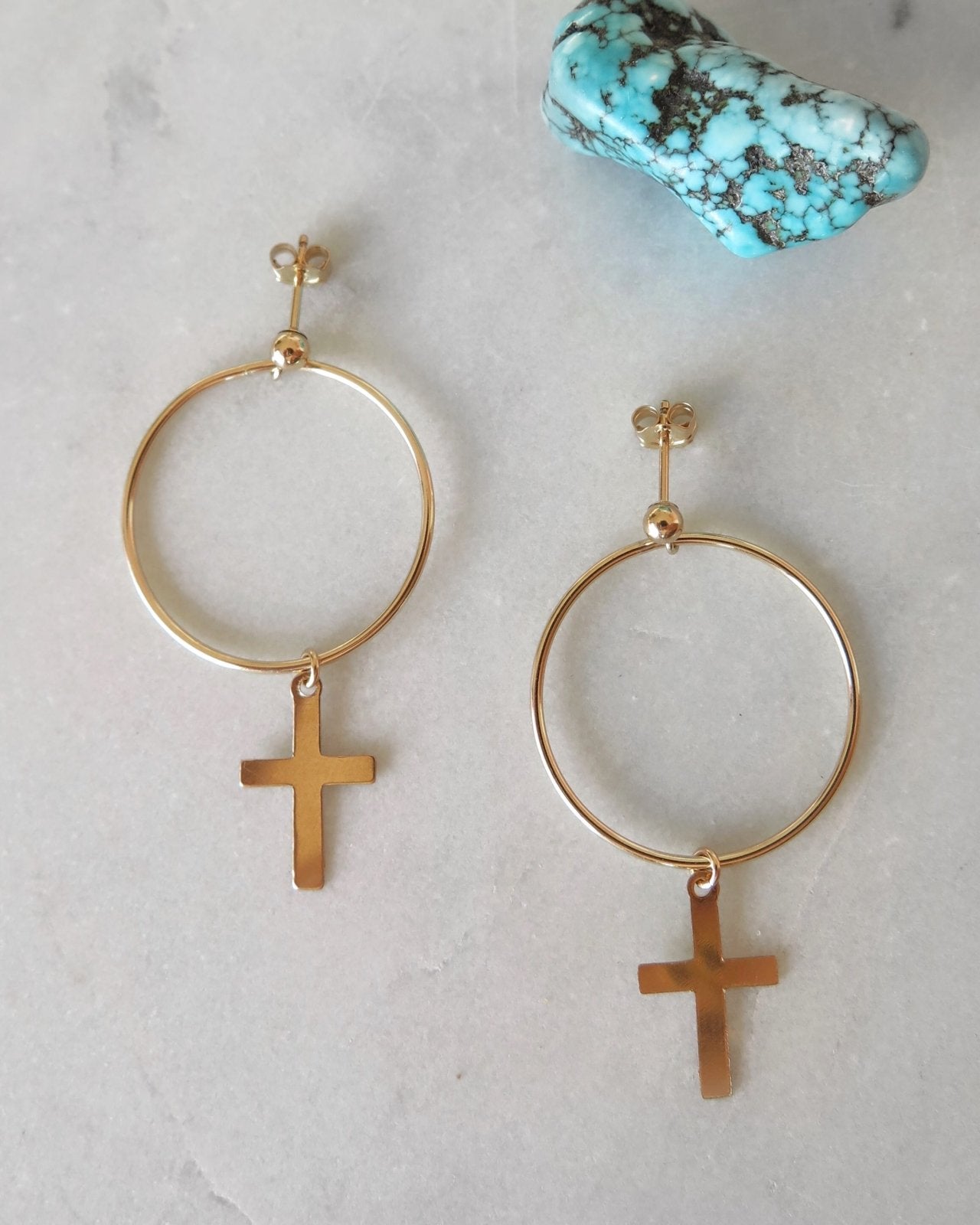 Load image into Gallery viewer, LARGE CIRCLE CROSS EARRINGS - The Littl - 14k Yellow Gold Fill -
