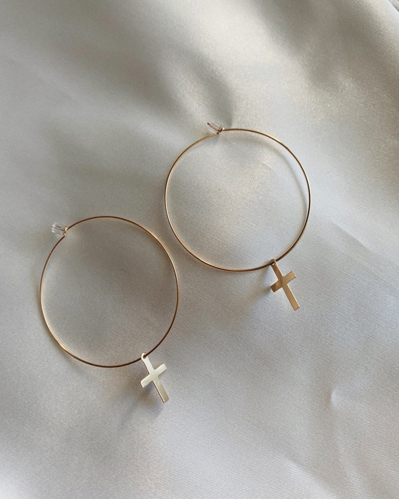 LARGE CROSS HOOP EARRINGS- 14k Yellow Gold - The Littl - -