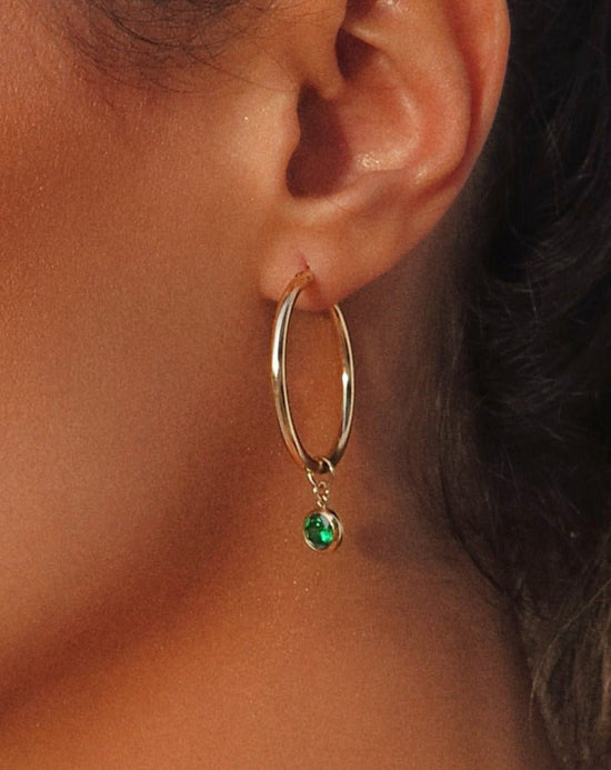 LARGE EMERALD CZ THICK HOOP EARRINGS- 14k Yellow Gold - The Littl - 12mm -