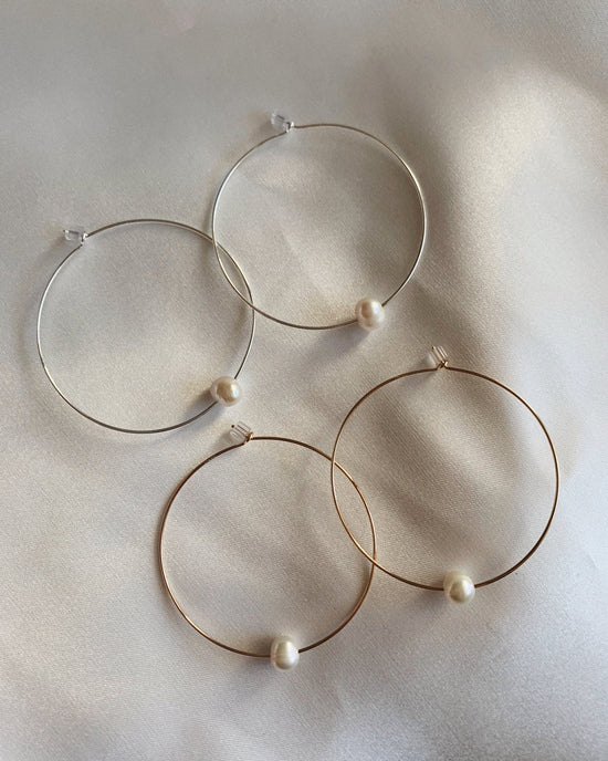 LARGE FRESHWATER PEARL HOOP EARRINGS- Sterling Silver - The Littl - -