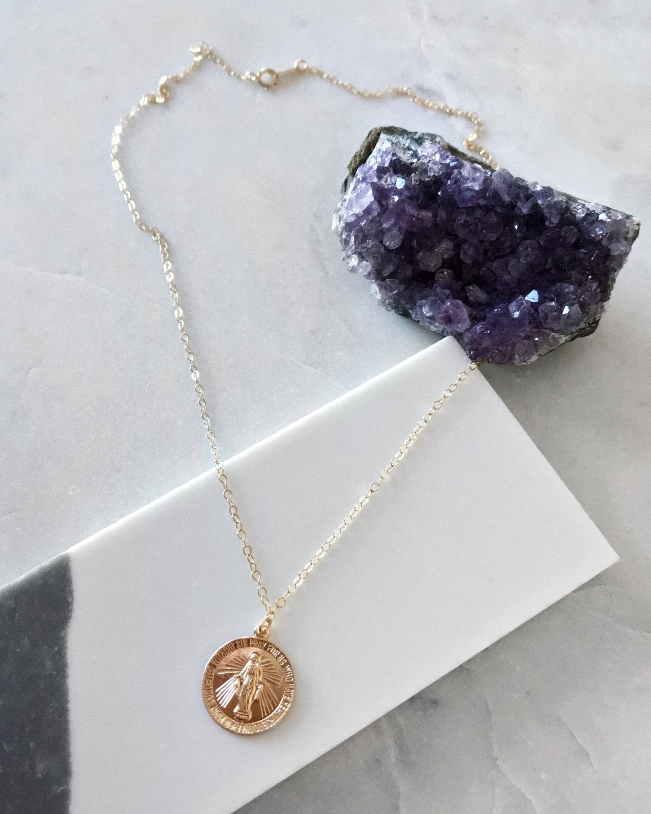 LARGE MIRACULOUS MEDAL NECKLACE- 14k Yellow Gold - The Littl - Deluxe Chain - 37cm (choker)