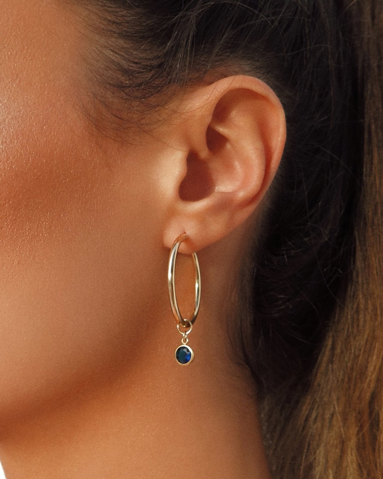 LARGE SAPPHIRE CZ THICK HOOP EARRINGS- 14k Yellow Gold - The Littl - 12mm -