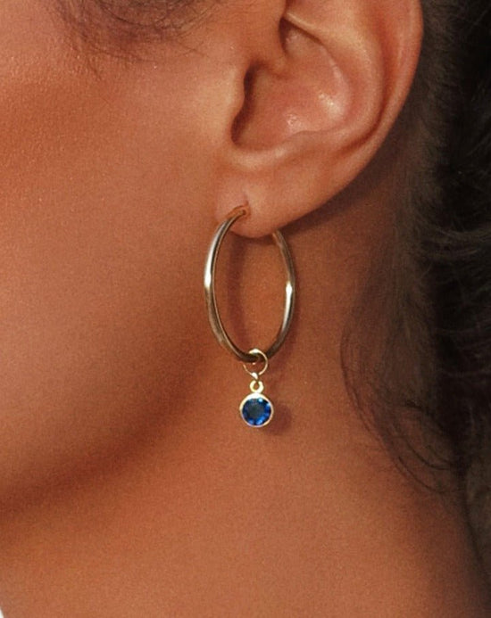 LARGE SAPPHIRE CZ THICK HOOP EARRINGS- 14k Yellow Gold - The Littl - 12mm -