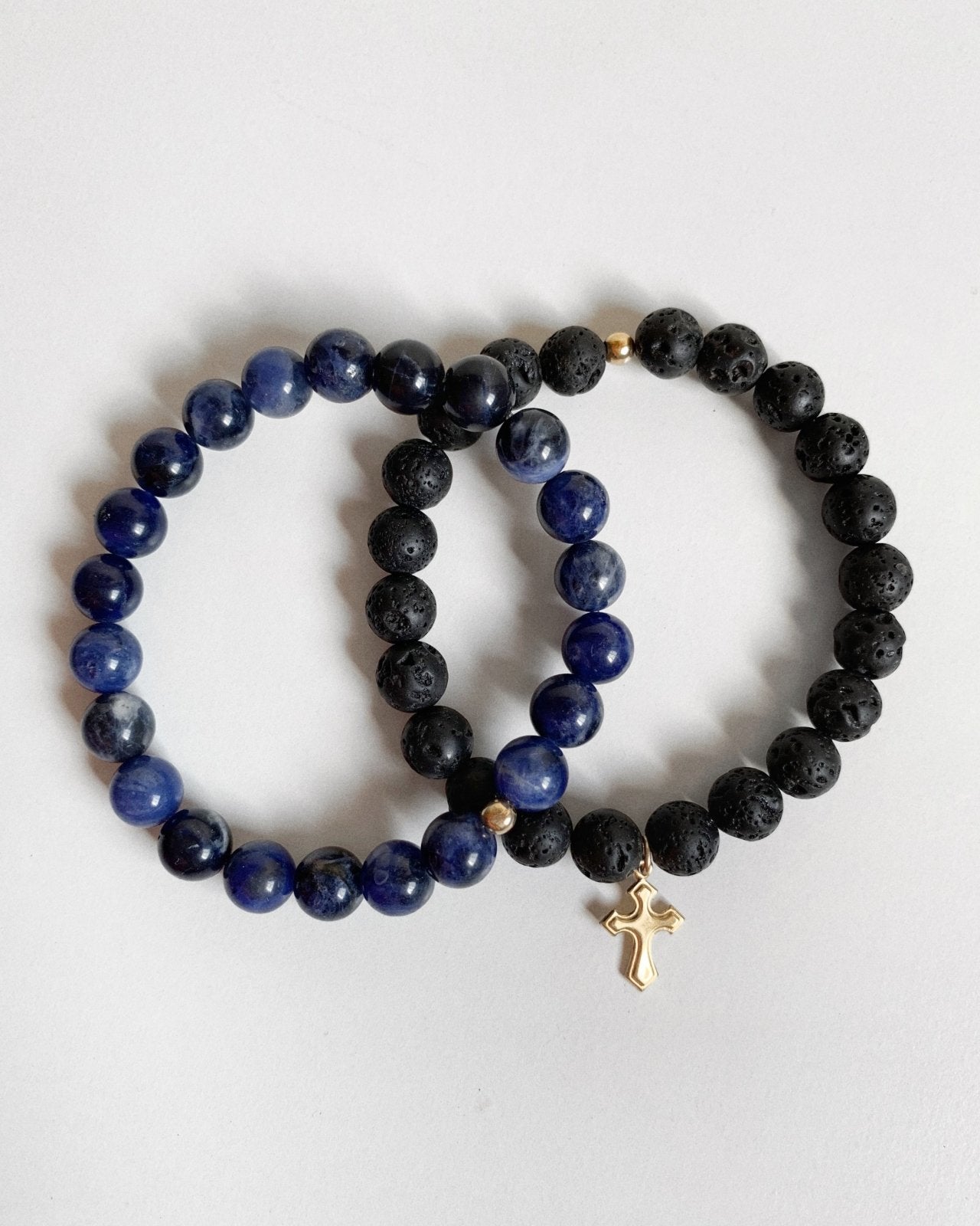 Load image into Gallery viewer, LAVA AND SODALITE FLARED CROSS BRACELET SET - The Littl - 14k Yellow Gold Fill - 16cm (S)
