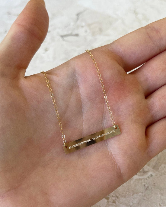 Load image into Gallery viewer, LOCATION COORDINATES BAR NECKLACE- 14k Gold - The Littl - Classic Chain - Front only
