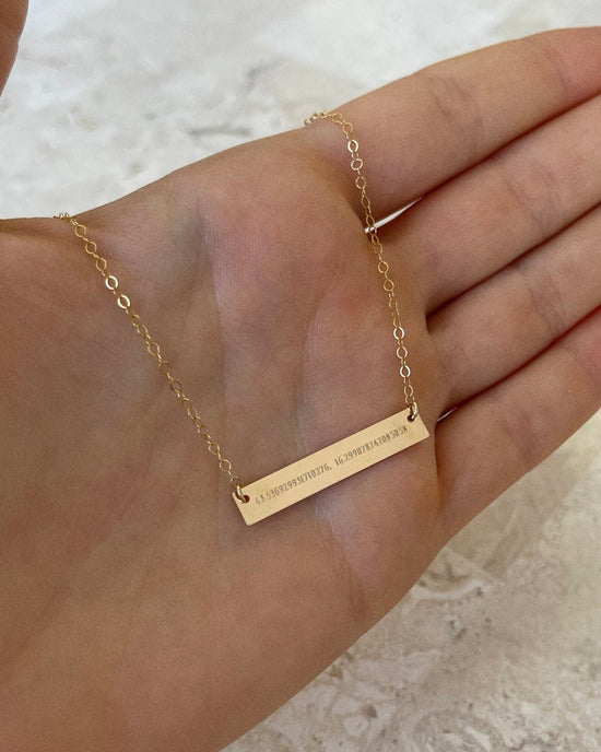 LOCATION COORDINATES BAR NECKLACE- 14k Gold - The Littl - Classic Chain - Front only