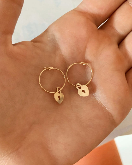 Load image into Gallery viewer, LOVE LOCK HOOP EARRINGS- 14k Yellow Gold - The Littl - -
