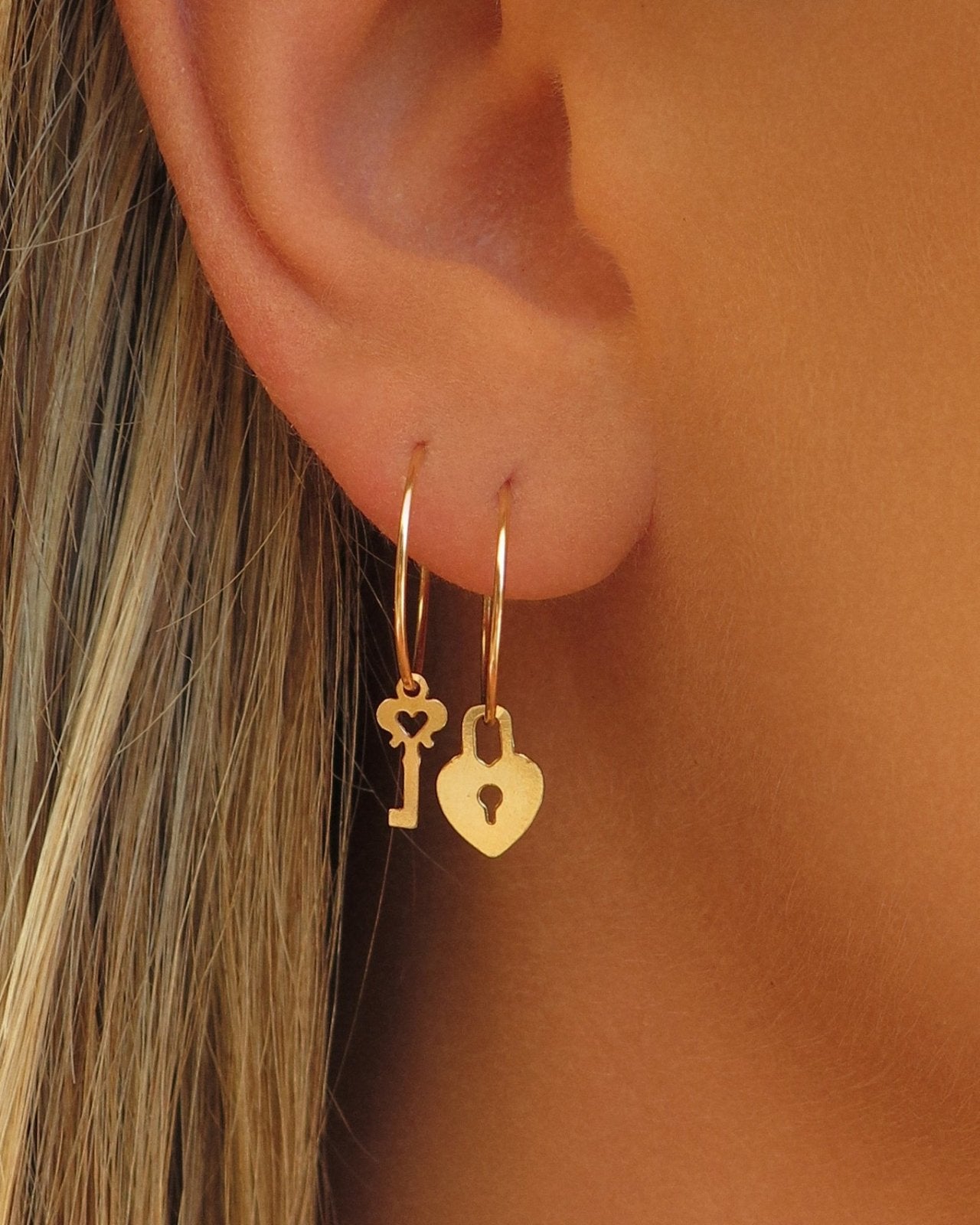 Load image into Gallery viewer, LOVE LOCK HOOP EARRINGS- 14k Yellow Gold - The Littl - -
