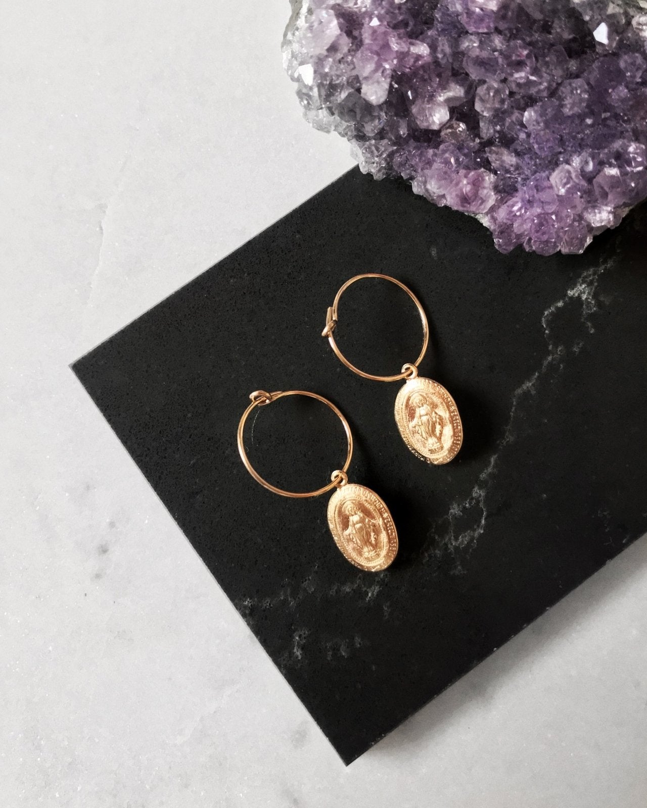 MIRACULOUS MEDAL EARRINGS- 14k Yellow Gold - The Littl - -