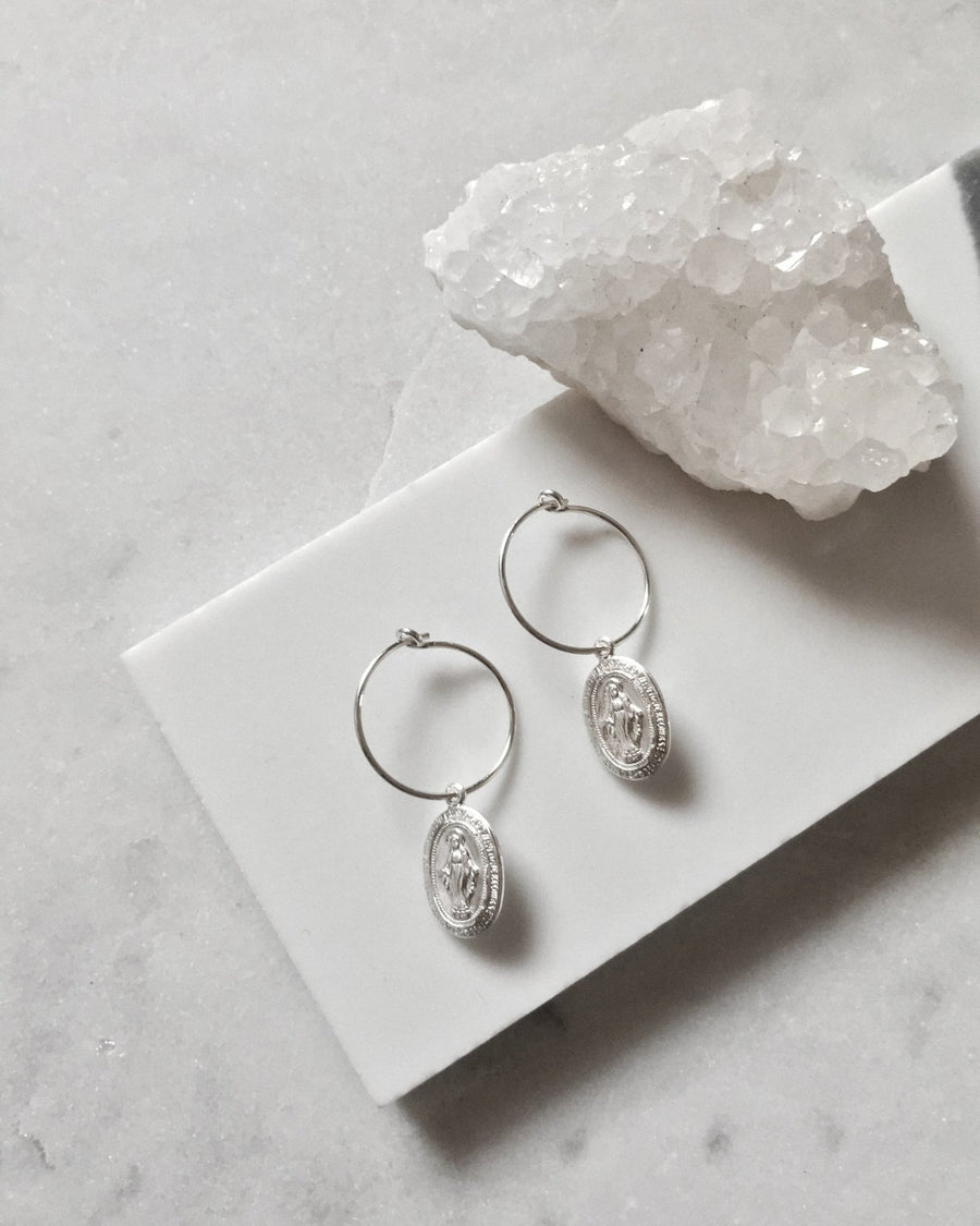 Miraculous Medal Hoop Earrings - Sterling Silver