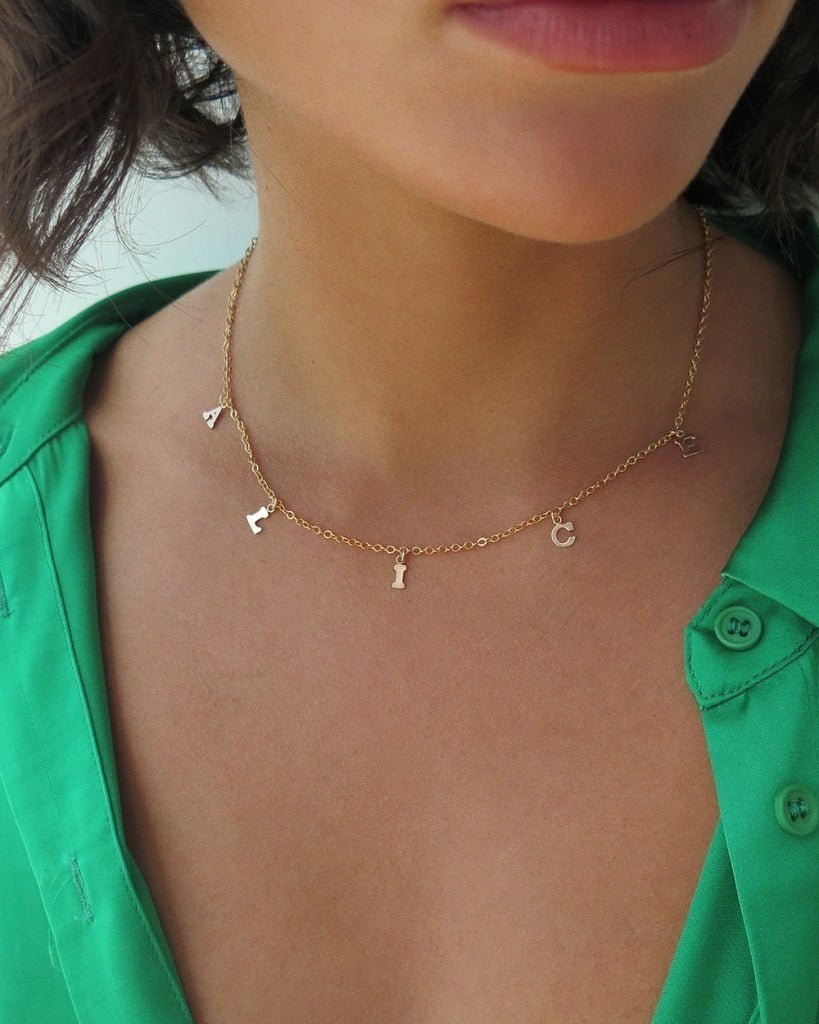 Load image into Gallery viewer, MULTI LETTER NECKLACE- 14k Yellow Gold Fill - The Littl - Deluxe Chain - 39cm Necklaces
