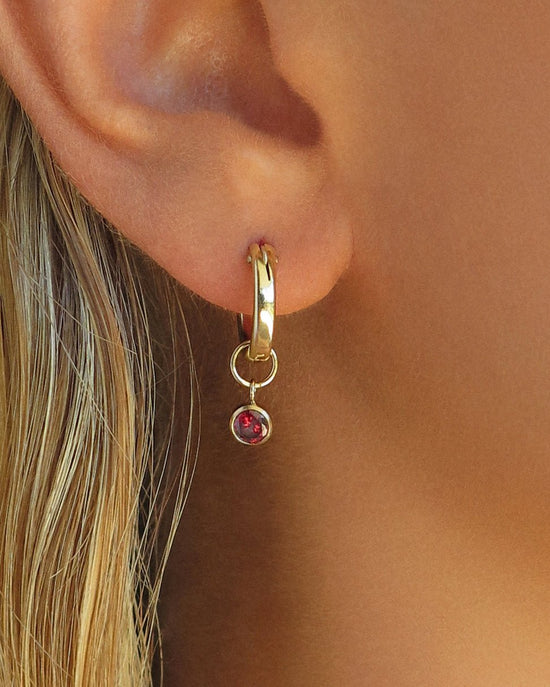RUBY CZ THICK HOOP EARRINGS- 14k Yellow Gold - The Littl - 12mm -