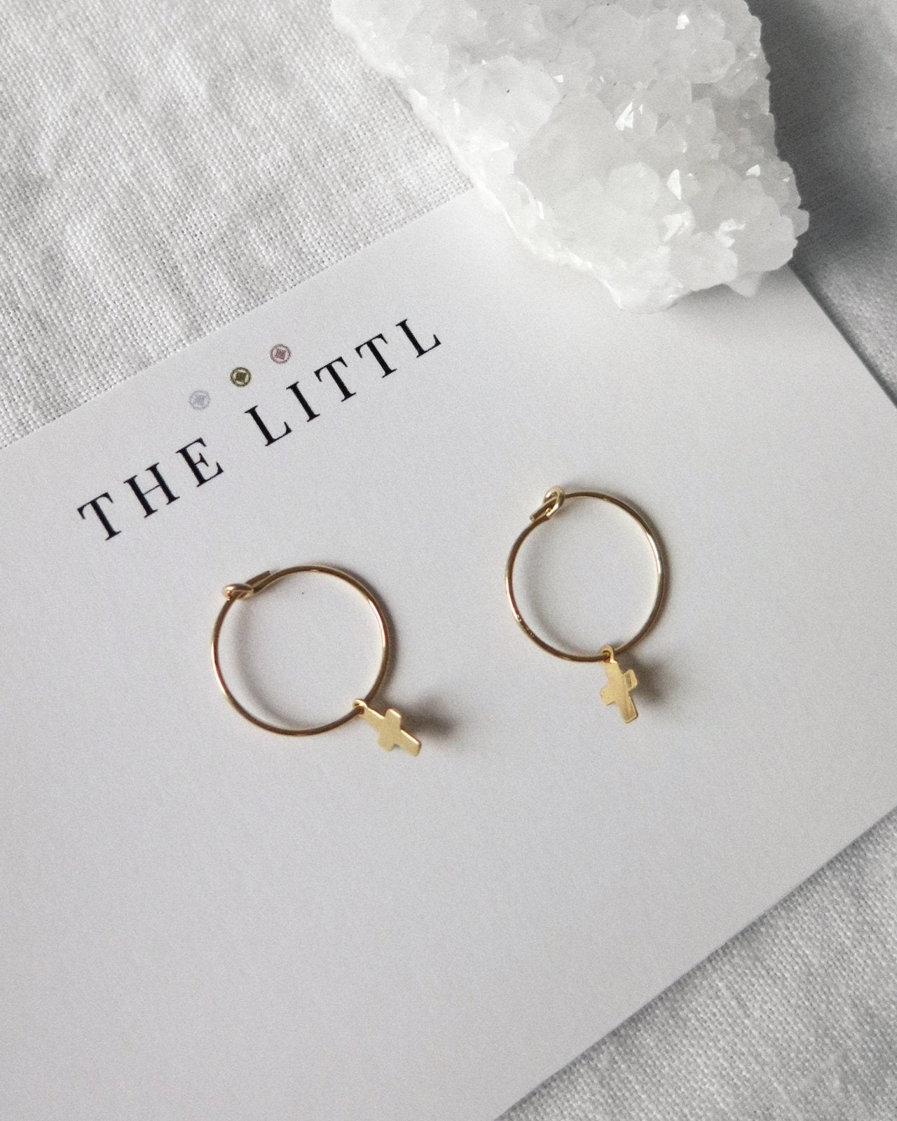 Load image into Gallery viewer, SMALL CROSS EARRINGS- 14k Yellow Gold - The Littl - -
