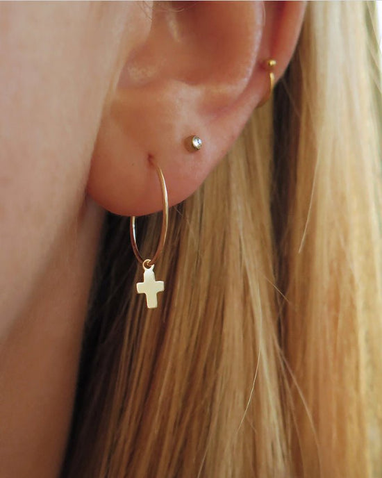 Load image into Gallery viewer, SMALL CROSS EARRINGS- 14k Yellow Gold - The Littl - -
