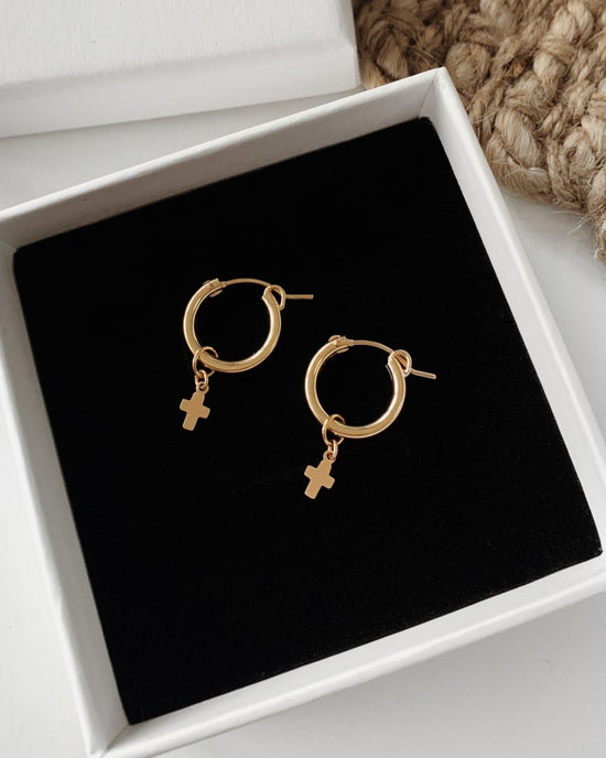SMALL CROSS THICK HOOP EARRINGS - The Littl - 14k Yellow Gold Fill - 12mm