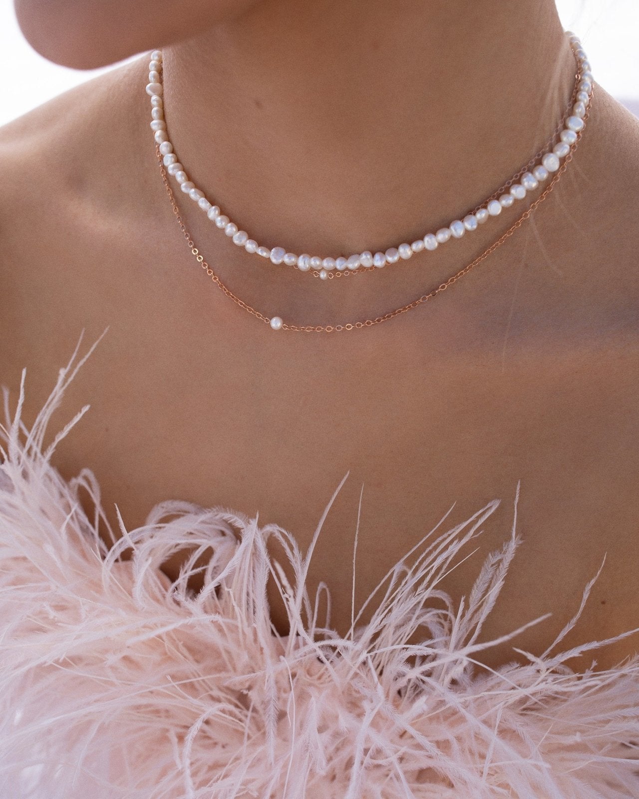 SMALL FRESHWATER PEARL NECKLACE- 14k Rose Gold - The Littl - Deluxe Chain - 37cm (choker)