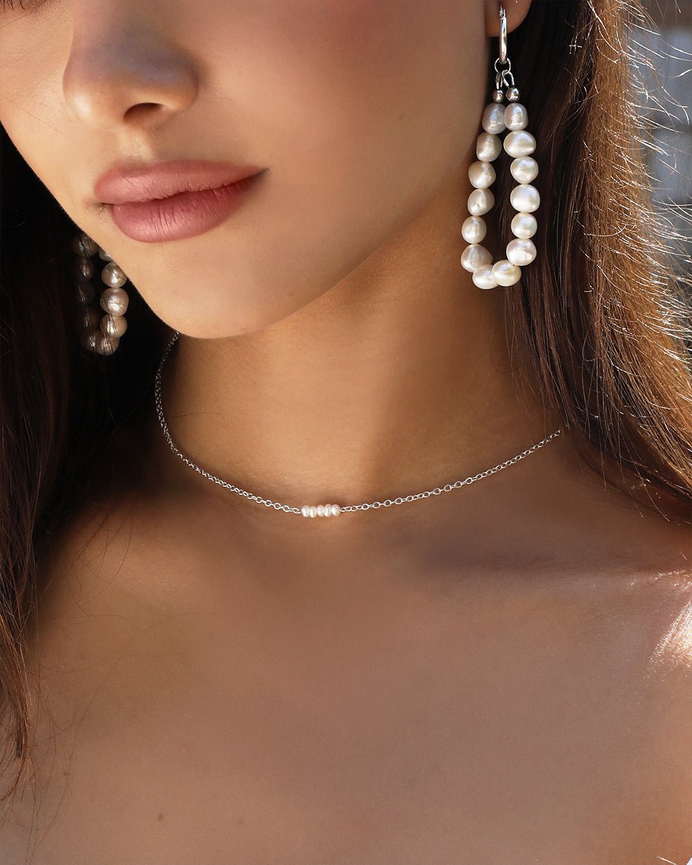 Load image into Gallery viewer, SMALL FRESHWATER PEARL STACK NECKLACE- Sterling Silver - The Littl - Deluxe Chain - 37cm (choker)
