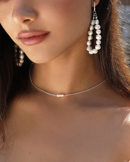 SMALL FRESHWATER PEARL STACK NECKLACE- Sterling Silver - The Littl - Deluxe Chain - 37cm (choker)