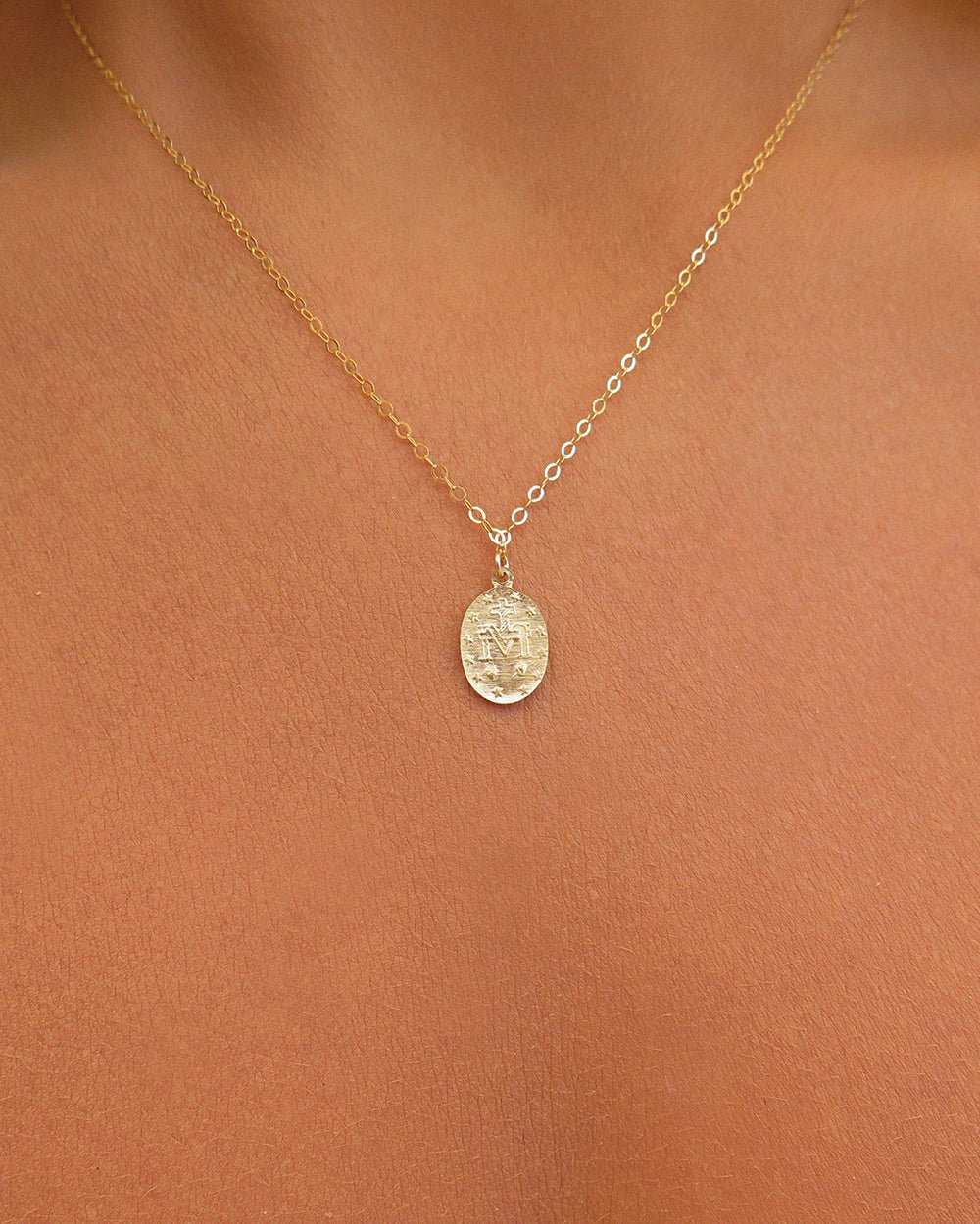Load image into Gallery viewer, SMALL MIRACULOUS MEDAL NECKLACE- 14k Yellow Gold - The Littl - Deluxe Chain - 37cm (choker) Necklaces
