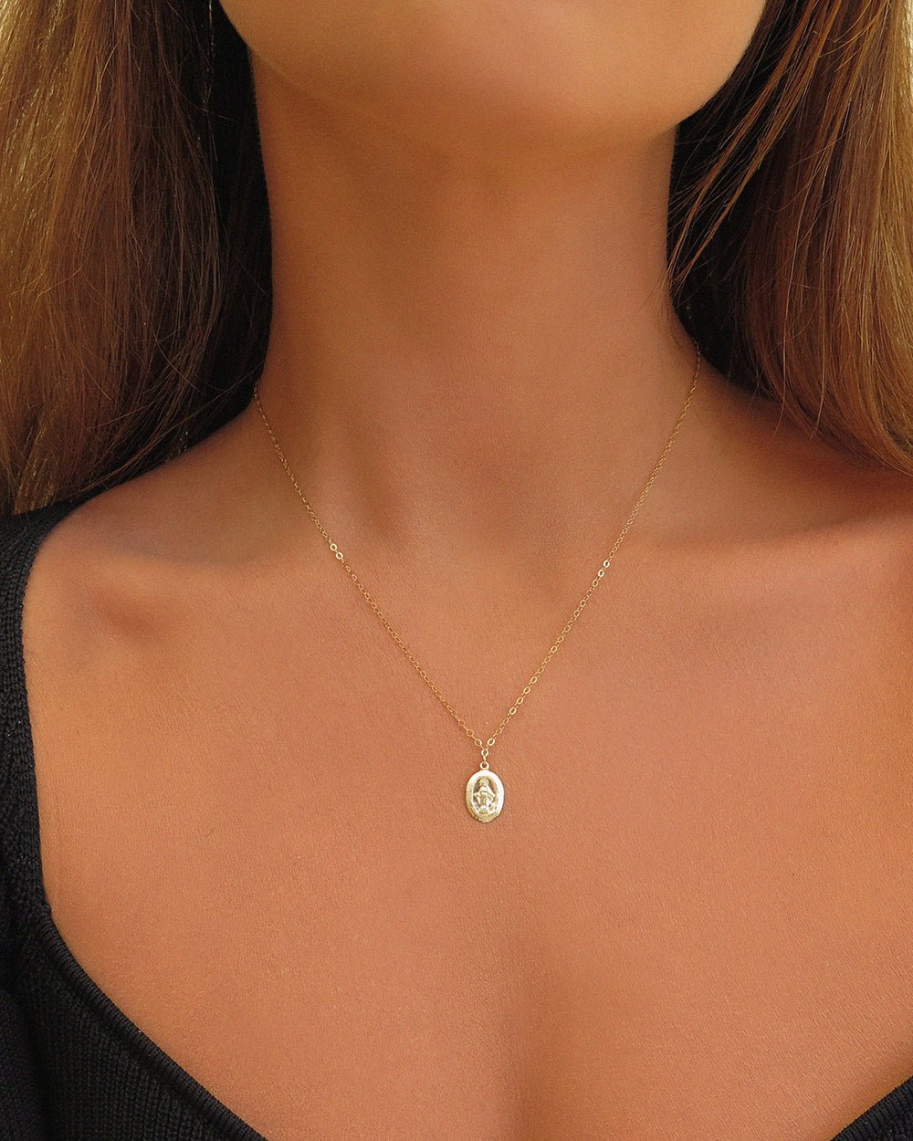 Load image into Gallery viewer, SMALL MIRACULOUS MEDAL NECKLACE- 14k Yellow Gold - The Littl - Deluxe Chain - 37cm (choker) Necklaces
