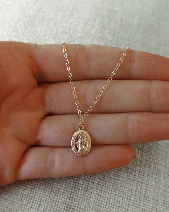 SMALL MIRACULOUS MEDAL NECKLACE- 14k Yellow Gold - The Littl - Deluxe Chain - 37cm (choker)