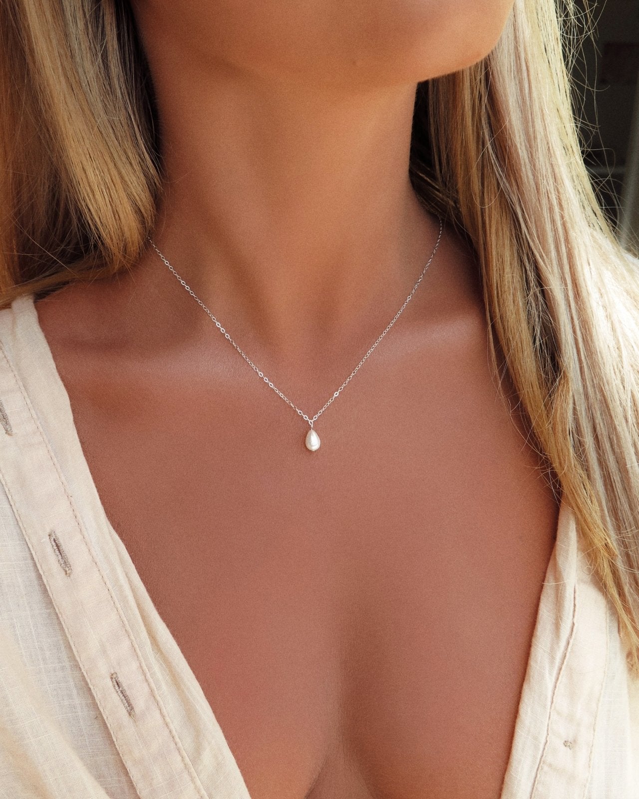 TEARDROP FRESHWATER PEARL NECKLACE- Sterling Silver - The Littl - Deluxe Chain - 37cm (choker)