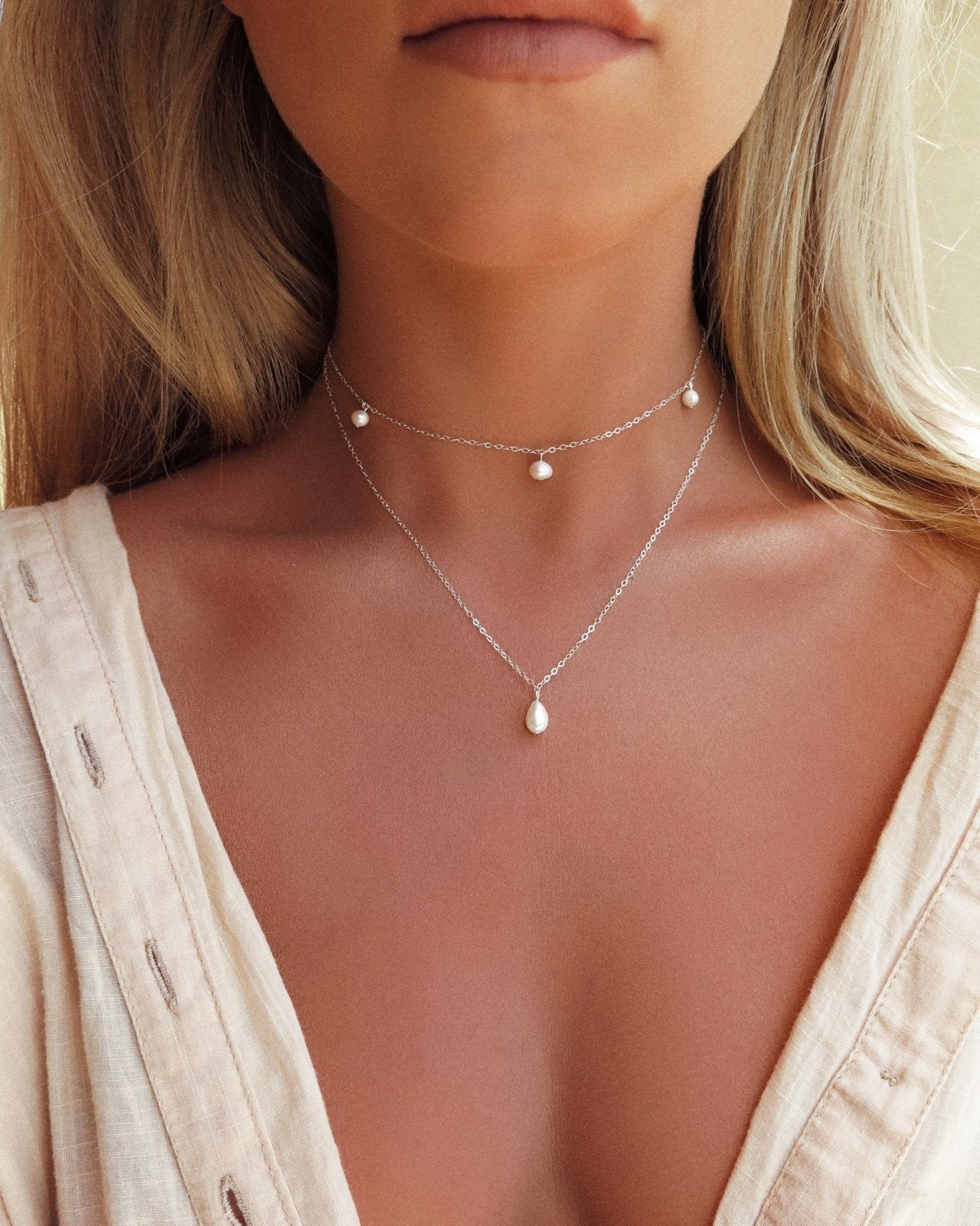 TEARDROP FRESHWATER PEARL NECKLACE- Sterling Silver - The Littl - Deluxe Chain - 37cm (choker)