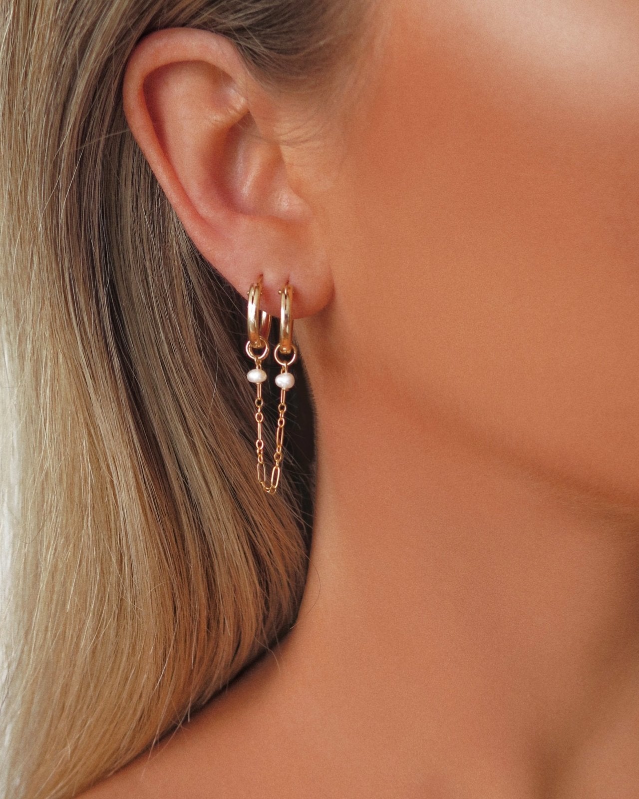 THICK DOUBLE PIERCING FRESHWATER PEARL HOOP EARRINGS- 14k Yellow Gold - The Littl - 12mm (both pairs) - 14k Yellow Gold Fill