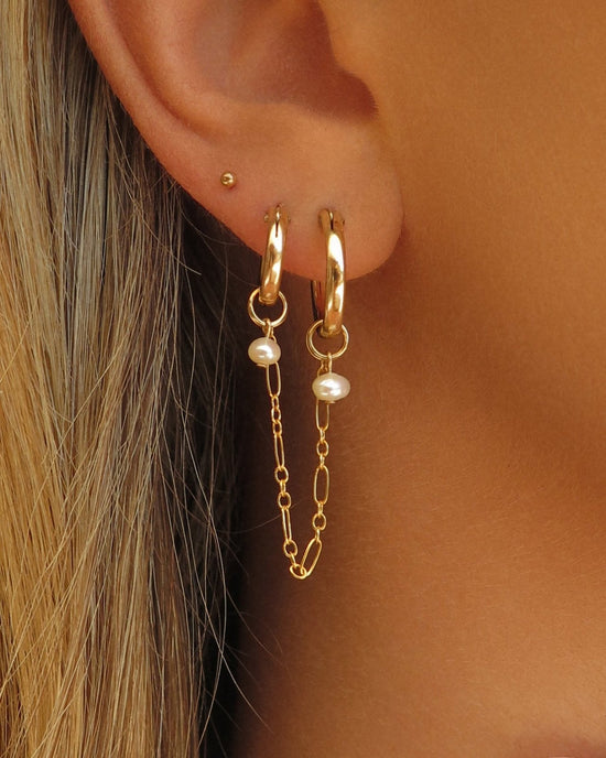 THICK DOUBLE PIERCING FRESHWATER PEARL HOOP EARRINGS- 14k Yellow Gold - The Littl - 12mm (both pairs) - 14k Yellow Gold Fill