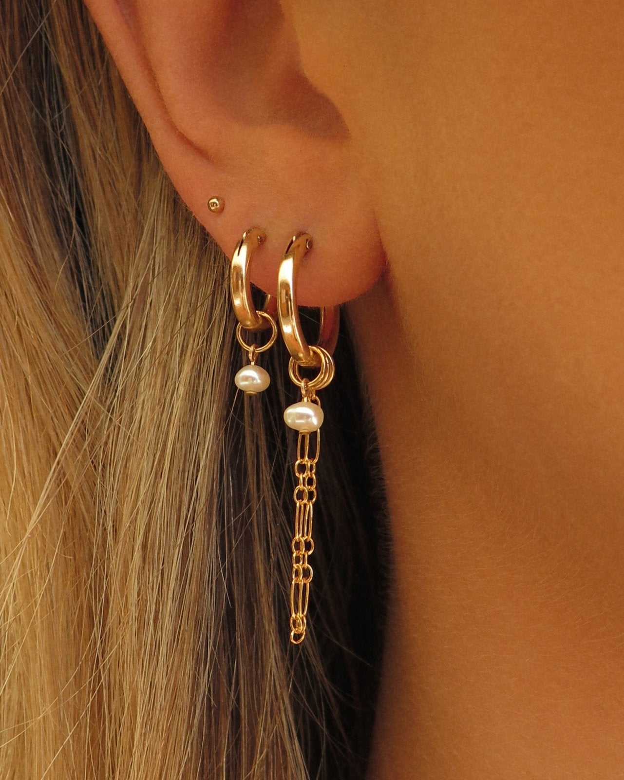 THICK DOUBLE PIERCING FRESHWATER PEARL HOOP EARRINGS- 14k Yellow Gold - The Littl - 12mm (both pairs) - 14k Yellow Gold Fill