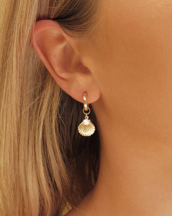 THICK FRESHWATER PEARL CLAM SHELL HOOP EARRINGS - The Littl - 14k Yellow Gold Fill - 12mm