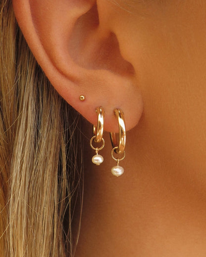 Freshwater Pearl Thick Hoop Earrings - 14k Gold-Filled - Close-Up - Waterproof | The Littl