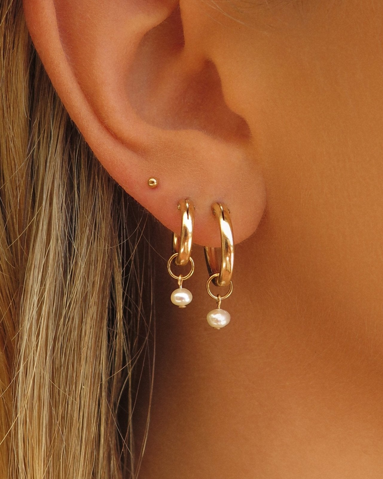 THICK FRESHWATER PEARL HOOP EARRINGS- 14k Yellow Gold - The Littl - 14k Yellow Gold Fill - 12mm | 12mm and 15mm :