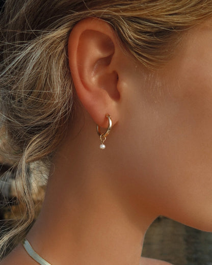 Freshwater Pearl Thick Hoop Earrings - 14k Gold-Filled - Worn | The Littl Australia