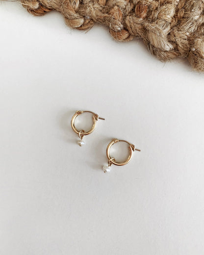Freshwater Pearl Thick Hoop Earrings - 14k Gold-Filled - On Model - Waterproof | The Littl